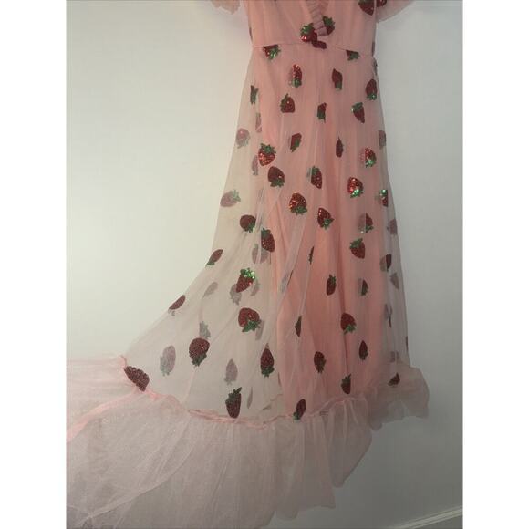 Strawberry Maxi Dress Sequin Fruit Spring Tulle Cottagecore Sz Med Pink Fairy Pr - Picture 6 of 8
